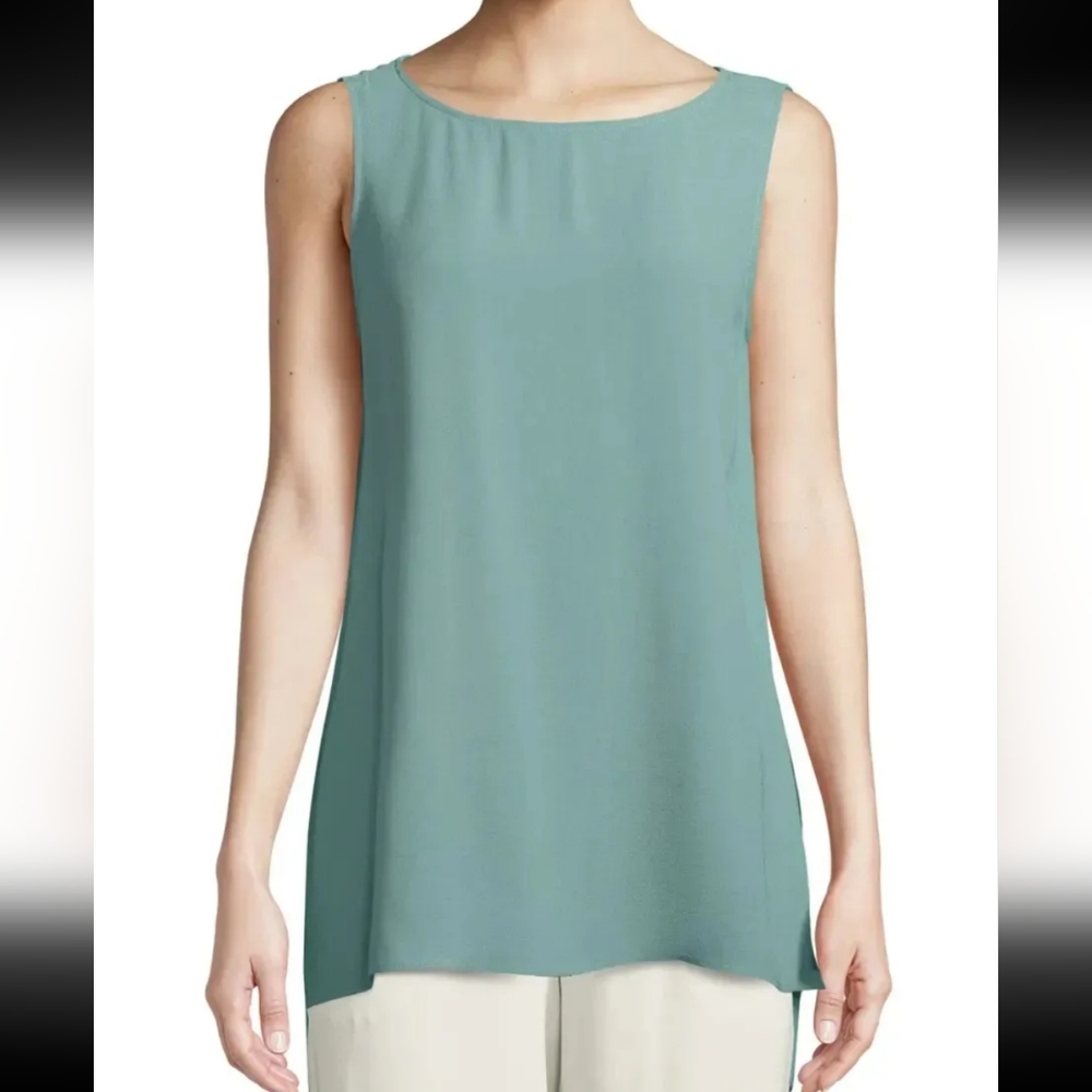 Like New Eileen Fisher *Light Green* 100% Silk Georgette Bateau Neck Tank XS TP